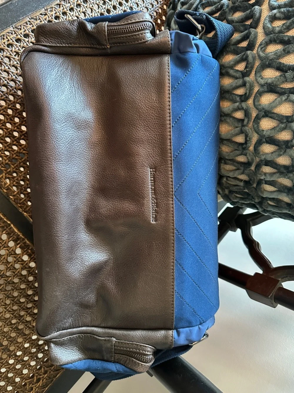Harmont & Blaine Navy Blue quilted and Brown leather Messenger Bag